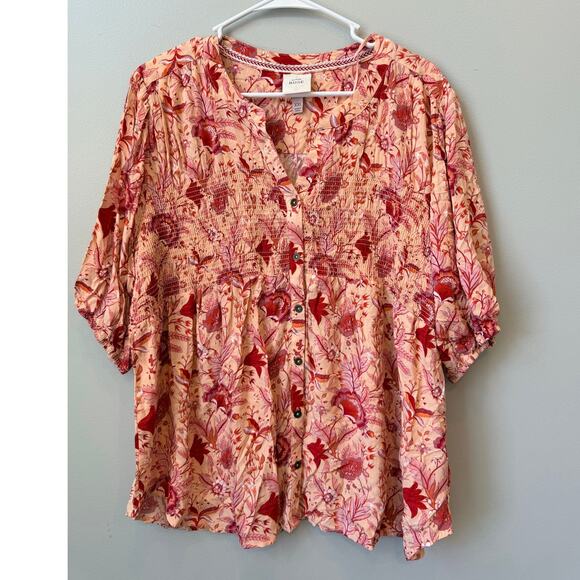 Knox rose Tops - Knox Rose Button Down Smocked Bodice Blouse Women's XXL Rayon Floral